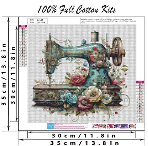Sewing Machine Stamped Cross Stitch Kit for Adults 13.7x13.7 inches - color: red-70