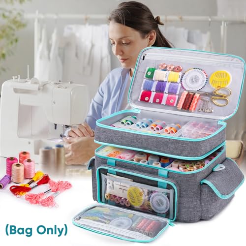 AMOIGEE Large 15" Double-Layer Sewing Organizer Bag w/Detachable Dividers - color: Grey