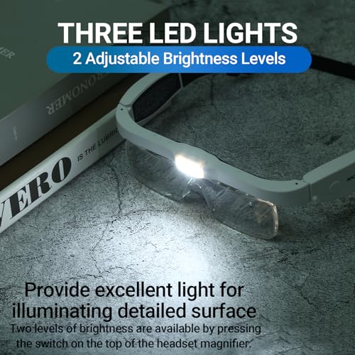 YOCTOSUN Magnifying Glass with Light, 0.75X-4.0X Magnifying Glasses, Head Magnifier Glasses with 3 LED Lights and 5 Lenses, Rechargeable Hands Free Headset Magnifier for Close Work Crafts Jewelry - color: White