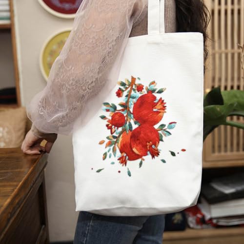 YANGSHINE Canvas Tote Bag Embroidery Kit with Pattern, Cross Stitch Kits for Beginners, Adults Arts Crafts Needlepoint Kit Include Embroidery Bag, Hoop and Instruction (Beige Bag, Red Pomegranate) - color: Beige Bag, Red Pomegranate