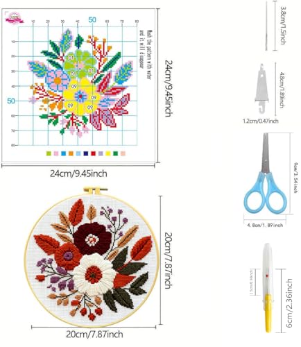 Zhenqing 4 Pack Nature Stamped Cross Stitch Kit for Adults and Beginners, 11CT Printed Fabric Deer Tree Fish Flower Patterns with Hoop, Threads, Needles, Scissors, Threader, Guide - color: Deer Tree Fish Flower