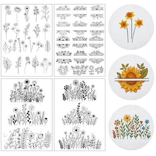 Floral Water Soluble Embroidery Stabilizer - 4 Sheets Stick and Stitch Embroider Paper Wash Away 40 Pcs Embroidery Transfer Paper with Pre-Printed Flower Leaves Designsfor Hand Sewing Lovers - size: Pattern: Flower (Style 2)