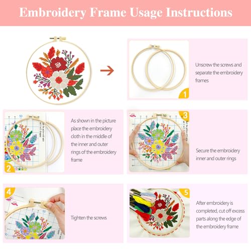 Zhenqing 4 Pack Nature Stamped Cross Stitch Kit for Adults and Beginners, 11CT Printed Fabric Deer Tree Fish Flower Patterns with Hoop, Threads, Needles, Scissors, Threader, Guide - color: Deer Tree Fish Flower