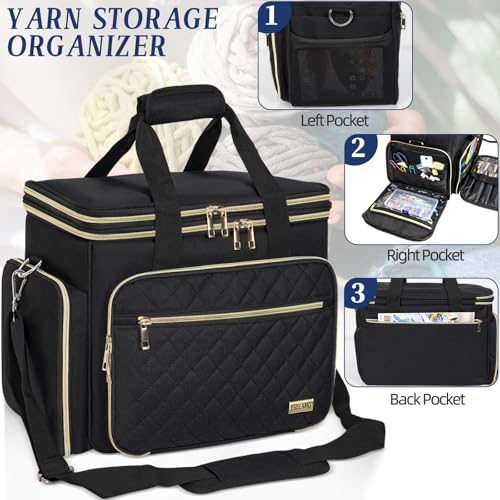 FREEAMG Knitting Bag, Crochet Bag Organizer, Yarn Storage Bag with Divider - color: Black