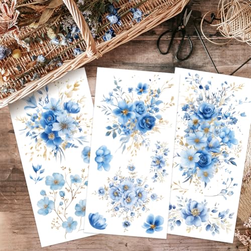 OLYCRAFT 3pcs/Set Blue Gold Foil Flower Transfer Stickers 6x12 Inch Rub on Transfers for Furniture and Crafts Blue Flower Furniture Decals Floral Theme Rub on Decals for Wood Home Window Decor - style: Juliet