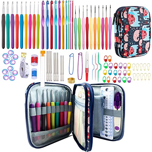 100pcs Crochet Hooks Set in Case Ergonomic Soft Grip Handles Weave Yarn Knitting Needles Kit and Crochet Needle Accessories Crochet Kit Complete Crochet Set for Beginners and Experiecced Crochet Lover - color: Navy Blue