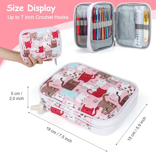 Katech Crochet Hooks Case Empty Zipper Bags Portable Travel Crochet Storage Bag Organizer with Web Pocket and Crochet Holder Slots for Carrying Various Crochets Needles (Pink) - color: Pink Cat