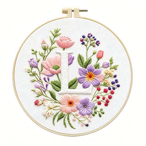 Zhenqing Letter L Embroidery Kit for Beginners, Pre-Printed 29x29cm Cotton Fabric with 20cm Hoop, Romantic Floral Monogram Design (C0096)
