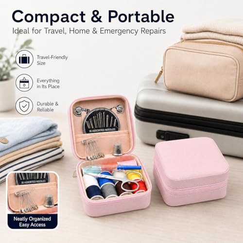 56 Pcs Portable Sewing Kit, Needle and Thread Kit with PU Leather Case, Basic Sewing Kit and Hand Seeing Kit with Scissors, Seam Ripper, Safety Pins for Travel Home Repairs(Pink) - color: Pink