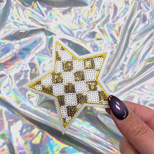 Gold Checkered Sequin Star Patch, 3.75" x 3.75”, 2-Pack, Embroidered Iron-On for Hats, Bags, Jackets - color: Checkered Sequin Star - Gold