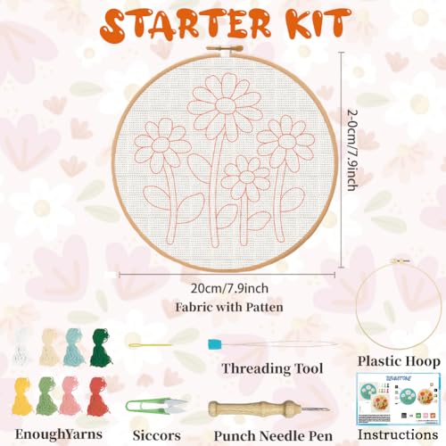 BEUNITONE 2PCS Flower Punch Needle Kit for Adults Beginners, Complete DIY Craft Needlepoint Kits with Hoop, Punch Needle Starter Craft Embroidery Set for Handmade Decor & Floral Stitching Projects - color: 07-Flower Bed