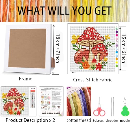 Tiwabb Mushroom Stamped Cross Stitch Kits for Adults Beginners with Frame - color: Mushroom Cross Stitch with Frame