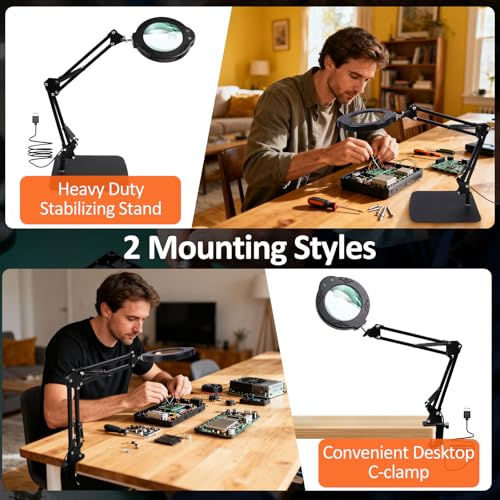 10X 30X Magnifying Glass with Light and Stand, Real Glass Lens Magnifying Lamp, Hands-Free LED Desk Magnifier with 5 Color Modes, 3 Brightness Levels for Crafts, Reading, Sewing, Electronics & Jewelry - color: Base & Clamp