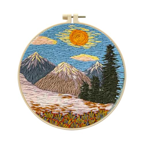 Zhenqing Mountain Sunrise Embroidery Kit for Beginners, Landscape Needlework Kit with Pre-Printed Fabric, Hoop, Threads & Tools, Cabin Wall Decor (S-CX0636) - color: Mountain Sunrise