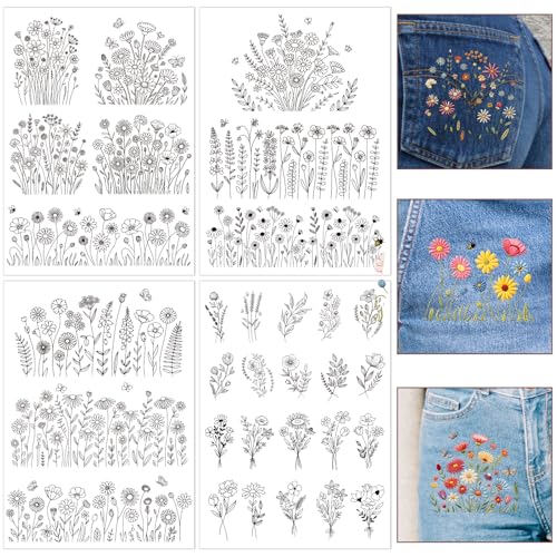 Floral Water Soluble Embroidery Patterns, 5 Sheets Stick and Stitch Embroidery Papers Wash Away, Transfer Paper with Pre-Printed Flower Leaves Designs Customized Gifts for Hand Sewing Lovers Beginners - size: Flower A