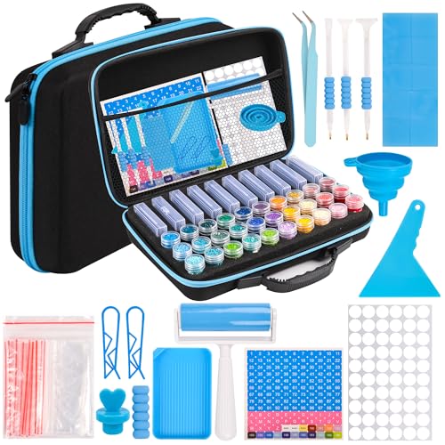 MERATIA Diamond Painting Storage Case Organizer, 40 Slots with Accessories - color: Blue-10 square+30 round bottles