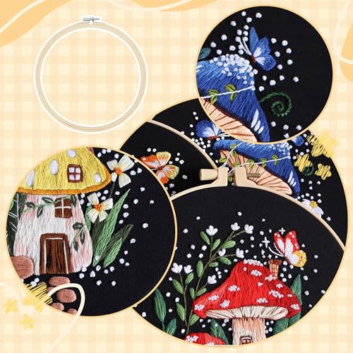 USEAMIE 3 Pack Embroidery Kit with Botanical and Floral Classic Prints, Embroidery Fabric, Needle and Thread, Adult Starter Needlepoint Embroidery Kits - color: Black pattern