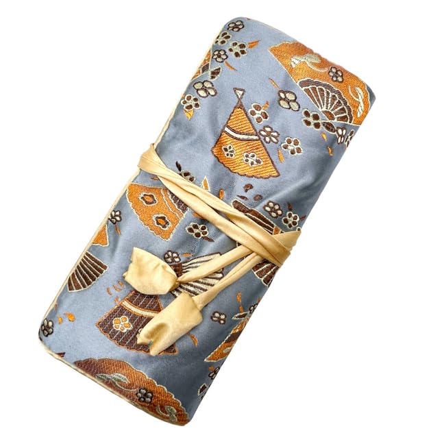 SmilerSmile Jewelry Travel Bag Embroidery Travel Jewelry Organizer with Tie Close Embroidered Flower Jewelry Roll for Women Girls (Fan, Blue) - color: Fan-Blue