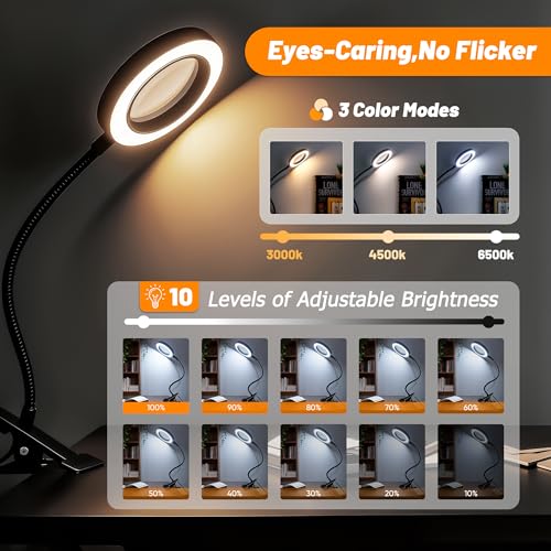 Akynite 10X Magnifying Glass with Light for Crafts, 3 Color+9 Brightness