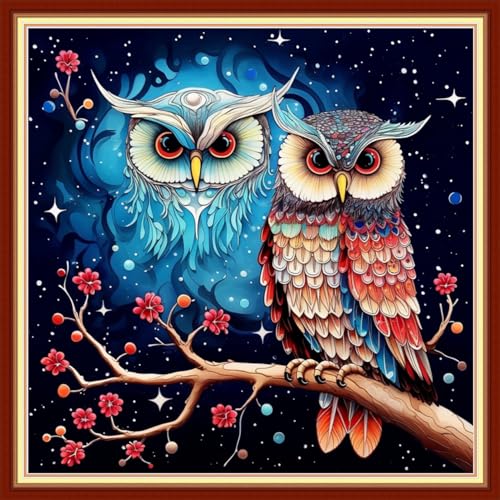 Foxdiviy Stamped Cross Stitch Kits Full Range of Embroidery Needlework Starter Kits for Beginners Adults 11CT Embroidery Patterns Art Crafts DIY Needlepoint Kits-Colorful Owl 18x18 inch - color: Stamped Set 15