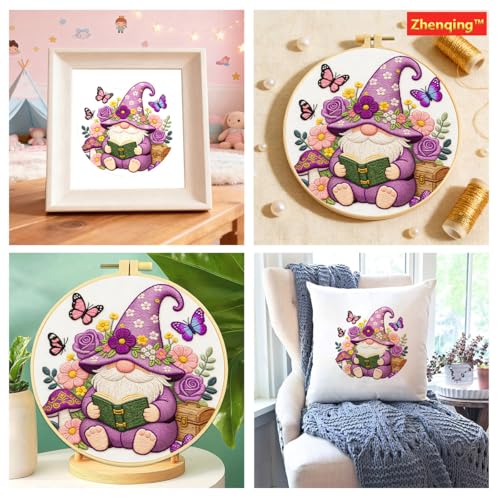 Zhenqing Purple Gnome Reading Book Embroidery Kit, Fairy Garden Craft Set with 20cm Hoop, Printed Design on 29x29cm Cotton Fabric, DIY Whimsical Wall Art (JC0071)