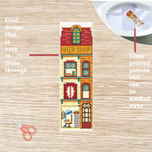 FREEBLOSS 6 Set Cross Stitch Bookmark Kits 11CT 8"x2.4" Street View - style: Bookstore house