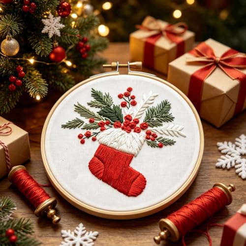 Christmas Embroidery Kits for Adults, Beginner DIY Embroidery Starter Kit - color: Red Stockings