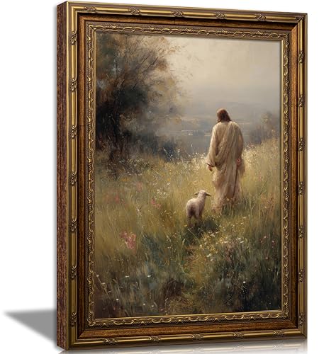Vintage Gold Framed Jesus Leaves the 99 Sheep Canvas Wall Art Christian Wall Decor Picture Jesus and Lamb Painting The Lost Sheep Posters Prints for Room Bedroom Church Prayer Home Decor - color: Gold, size: 24"L x 16"W