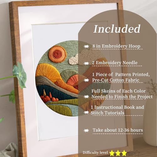 FONNUY Embroidery Kit for Beginners, Textured Vibrant Nature Landscape Pre-Stamped Pattern Kits for Adults with Hoop, Easy to Follow Color Thread Needlework, 8'' Hoop (Red 1) - color: Red 1