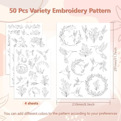 Peacoblue Hummingbird Stick and Stitch Embroidery Patterns, Water Soluble - color: Hummingbird and Flower