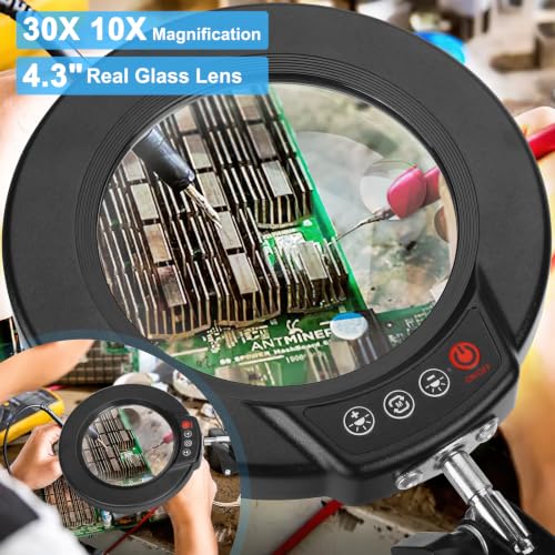 Coyeth 30X 10X Magnifying Glass with Light and Clamp, Real Glass Lighted Magnifier, 5 Color Modes Stepless Dimmable LED Desk Lamp Hands Free for Crafts Hobby Reading Painting Sewing Close Work Black - color: Black, size: 30X 10X 20inch Clamp
