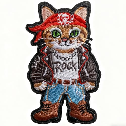 U-Sky Sew or Iron on Embroidered Patches | Rock Star Cat with Red Bandana & Blood Rock Text Design | Edgy Music Theme for Jackets Denim Bags | 1.8"x3.1" 3PCs Pack - color: Shorthair Rocker