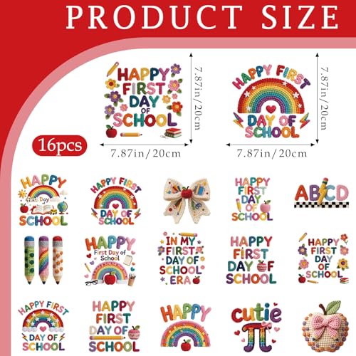 Dazoratix DTF Transfers Ready to Press - 20 Sheets Happy First Day of Back to School Iron on Patches Heat Stickers Vinyl Decal for Teacher T Shirts Clothes Pillow Bag Hat Hoodies DIY Crafts Decoration - style: Happy First Day of School