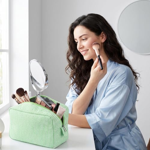 Sanwuta 3 Pcs Seersucker Makeup Bags, Navy Blue, Green, Lake Blue - color: Navy Blue, Green, Lake Blue