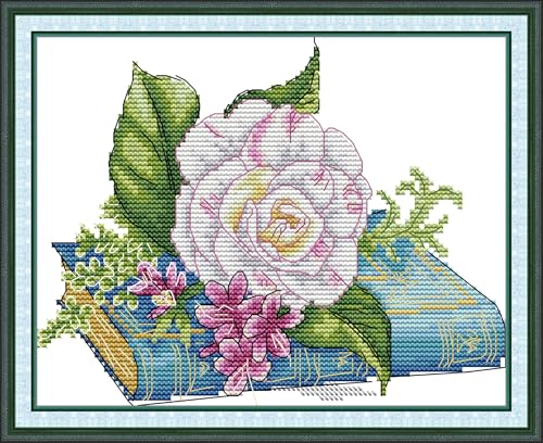 CaptainCrafts Cross Stitch Kits for Adults Stamped Printed 11CT Fabrics - color: Books and Roses, style: Stamped 11CT