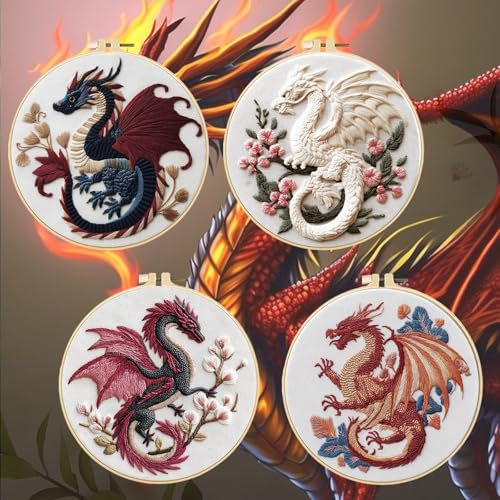 FREEBLOSS 4 Sets 11.6" Embroidery Kit for Beginners Dragon Stamped Patterns - style: Dragon