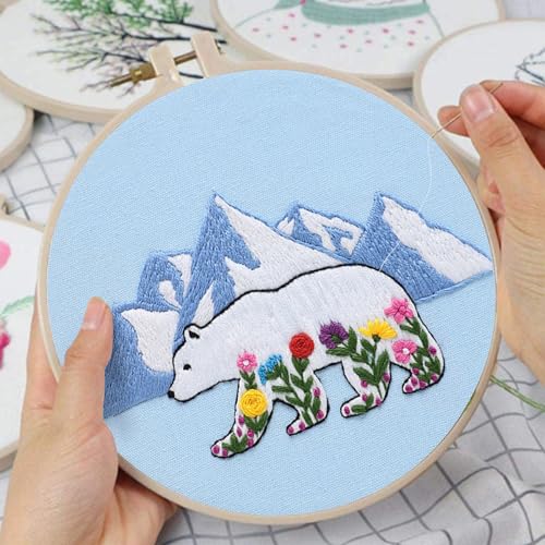 Louise Maelys Glacial Polar Bear and Flowers Embroidery Kit DIY Craft - color: glacier