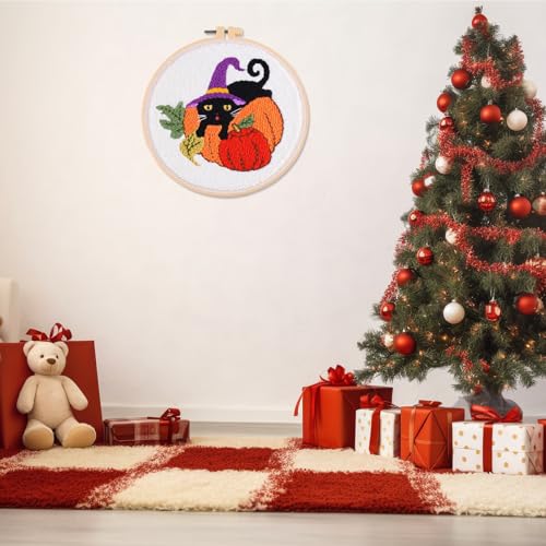 artcici Punch Needle Kit for Beginners with Halloween Pumpkin Black Cat Pattern Tool and Yarn, Easy Embroidery Rug Hooking Set (Pumpkin) - color: Pumpkin