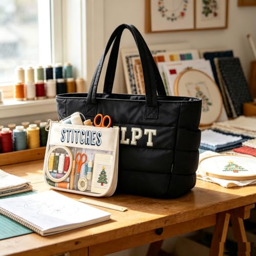 RF REENFAYA Needlepoint Tote Bag with Clear Zipper Pouch-Black/Beige - color: Black/Beige