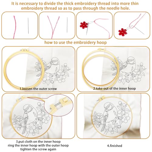 BEUNITONE 6 Set Embroidery Kit for Beginner Adults, Hummingbird & Flower Cross Stitch Set with Stamped Pattern Hoops Threads Cloth Needles, Embroidery Starter Kit for Home Decoration and Gifting - style: Flower Bird