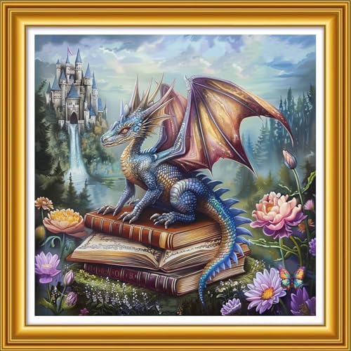 Foxhool Stamped Cross Stitch Kits,11CT Printed Cross Stitch Pattern Full Embroidery Kits for Beginner Needlepoint Kits&Pterosaur Book Castle 18x18 inch - color: ColorSet43