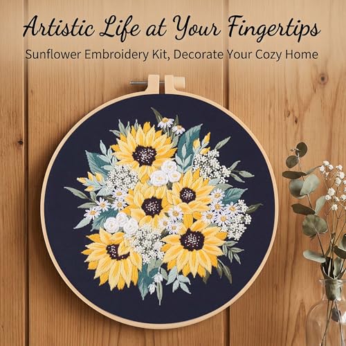 Harimau Adult Beginner Embroidery Starter Kit, Complete Set with 4 Patterns, 2 Hoops, Needles, Scissors, Instruction Guide & Stitching Video Tutorials - color: Floral Pattern