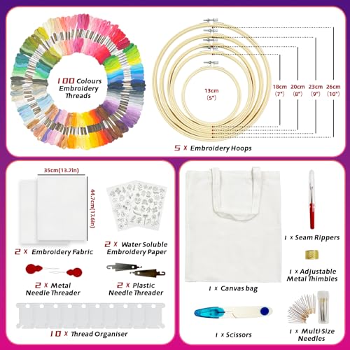 SNAIL GARDEN 256PCS Complete Embroidery Kit with Canvas Bag,2 Sticky Water Soluble Paper Stabilizers with 50 Patterns, 100 Colorful Threads, 5 Hoops, Fabric Pieces, Needle Threaders,Thread Organiser