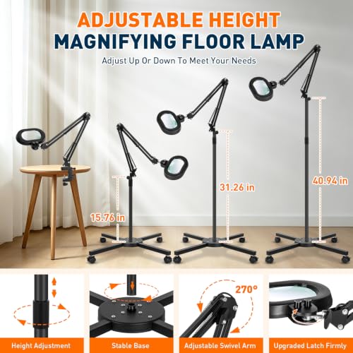 2200 Lumens 12X Esthetician Magnifying Floor Lamp, 3-Axis Magnifier - color: Black, size: 12X