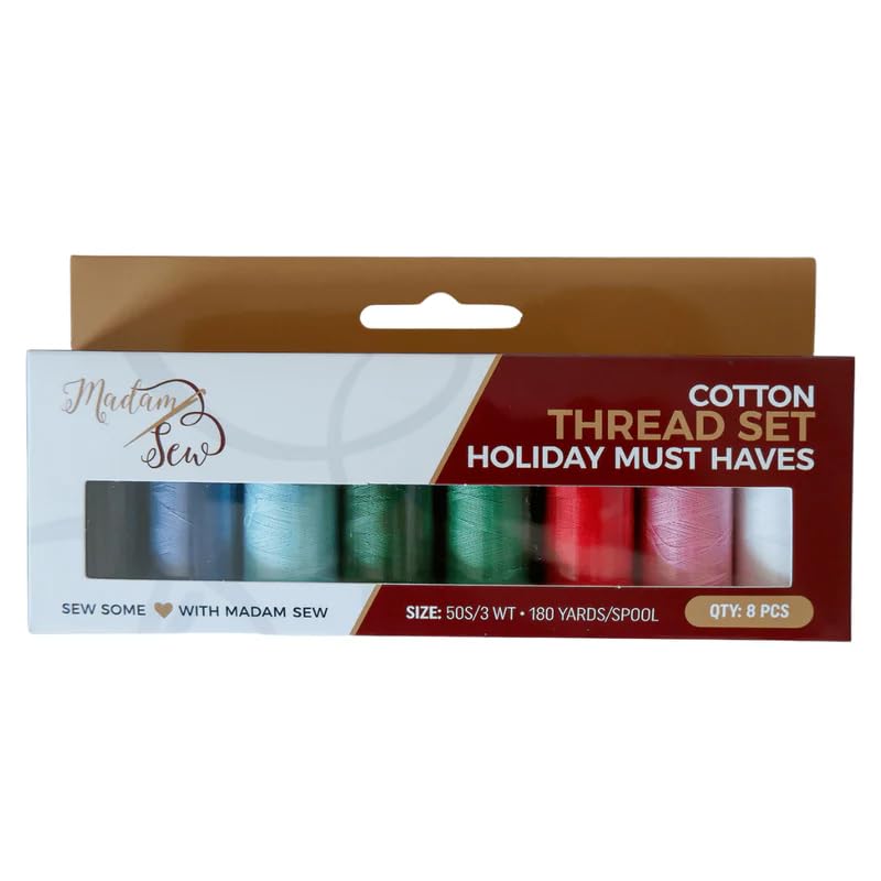 Madam Sew Cotton Thread Set – 8 Small Spools – 100% Cotton Thread for Sewing Machine & Hand Stitching | Strong, Low-Lint All Purpose Threads for Fabric, Quilting, and Stitching – Holiday Must Haves - color: Holiday Must Haves