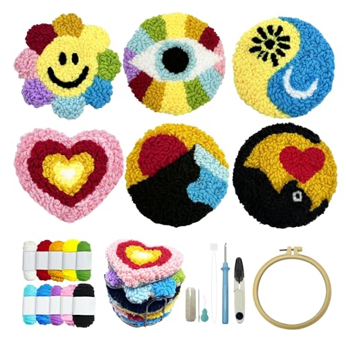 SEREDH Punch Needle Coasters Kit for Beginners Adults Easy Needle Punch Embroidery Kit Set Threader Instruction Fabric Hoop Yarn Tufting Coaster DIY Making,Coaster Holder Coaster Art Craft Supplies - color: Rainbow