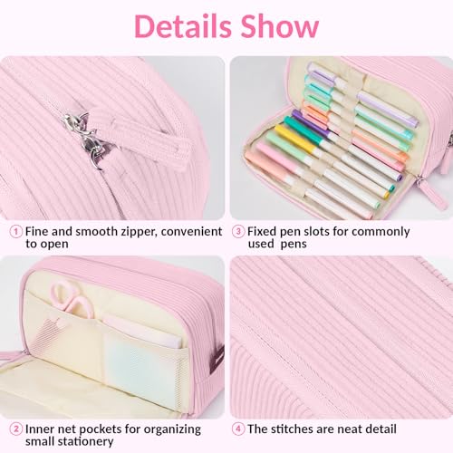 Sooez Big Capacity Pencil Case Pen Pouch, Soft Corduroy Pencil Bag - color: Pink