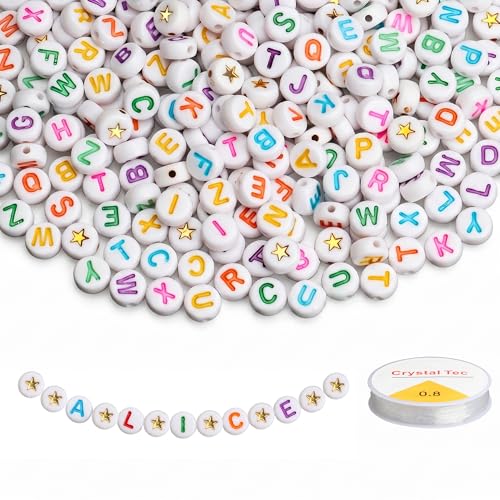 SUTOUG 1500PCS Letter Beads, 4x7mm White Alphabet Beads and Gold Star Beads - color: W+star