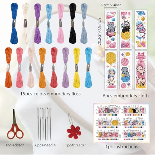 ORIGACH 6 Set Space Cat Cross Stitch Bookmark Kit for Beginner - style: Cats in Outer Space