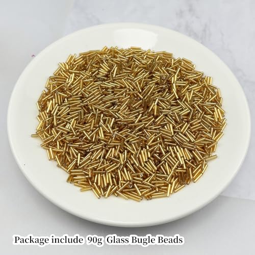 90g Glass Bugle Beads 7x2mm Embroidery Tube Glass Spacer Bulk Small Craft Long Beads for Necklaces Bracelets Earrings DIY Jewelry Making(Gold Yellow) - color: Gold Yellow